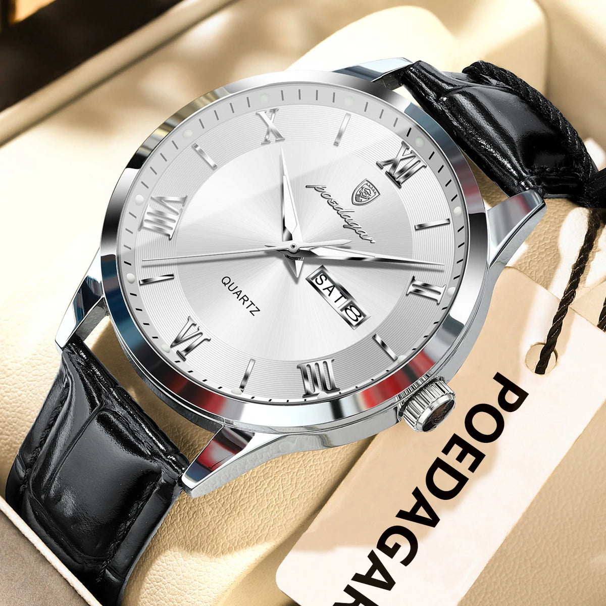 Relógio de homem na moda POEDAGAR, bracelete em pele, data e dia da semana, relógio de quartzo de luxo, estanque, luminoso, estilo business descontraído.