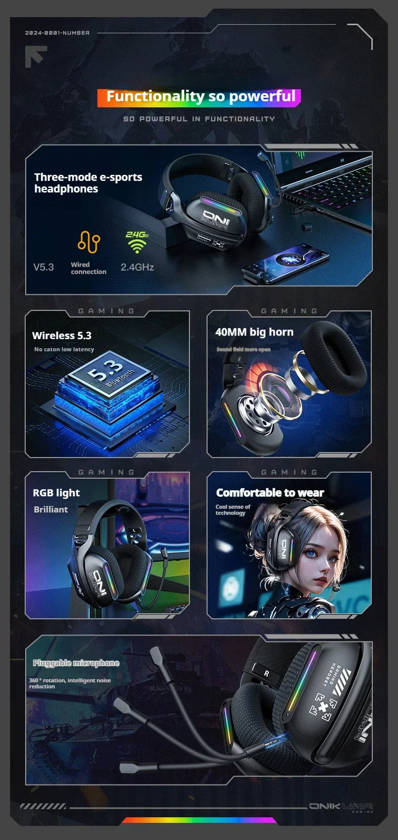 ONIKUMA Wireless Gaming Headset 2.4G/Wired/Bluetooth 3 Modes Bendable HD Mic Soft Ear Pads Immersive Sound for PC/PS4/5 GT808