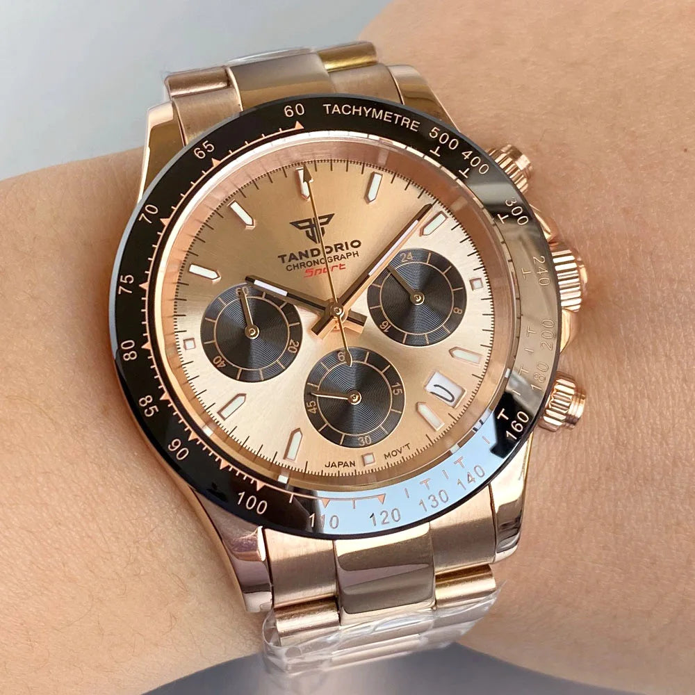 Luxury VK63 Men's Watch Quartz Movement Business Stop Watches 39mm Steel/Rose Gold Date Luminous Dial Fully Chronograph