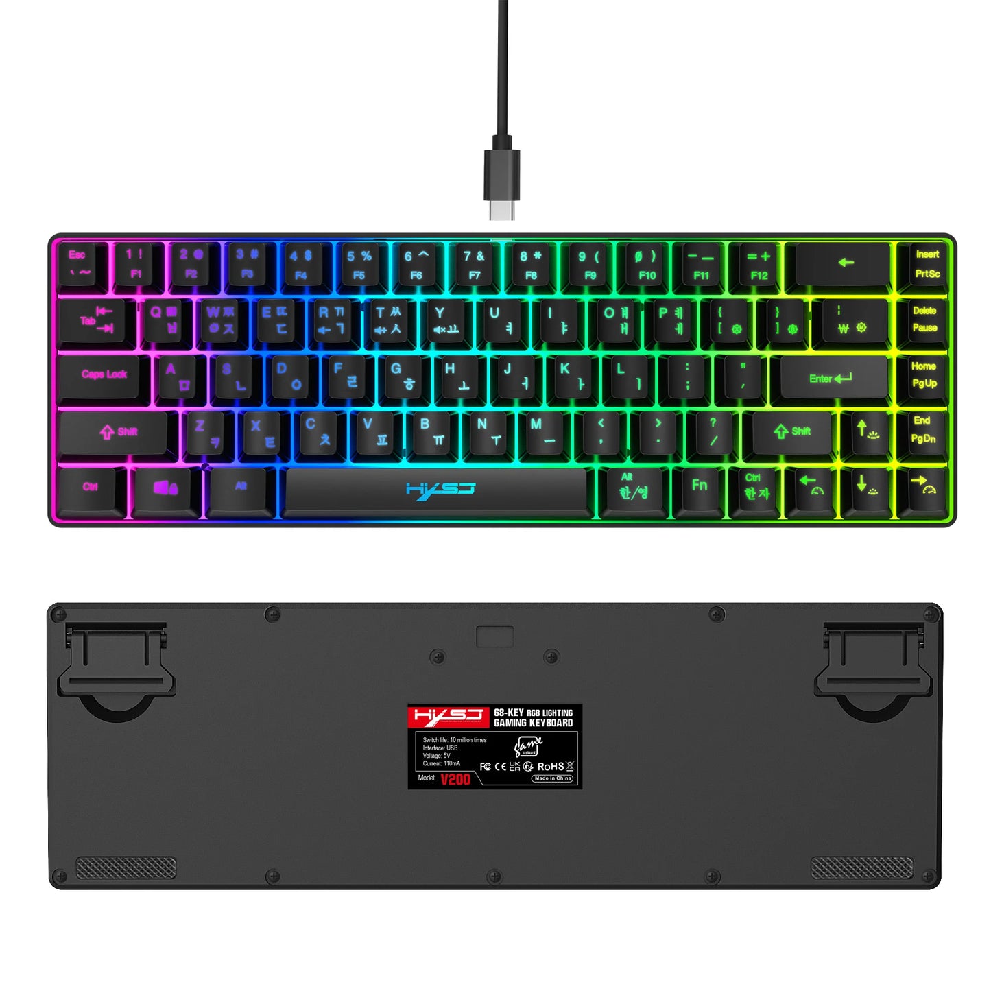 Tragbare HXSJ V200 68-Tasten-Gaming-Tastatur mit koreanischem Layout, 65%, kabelgebundene Office-Membrantastatur mit RGB-Hintergrundbeleuchtung für Desktop-PCs und Laptops
