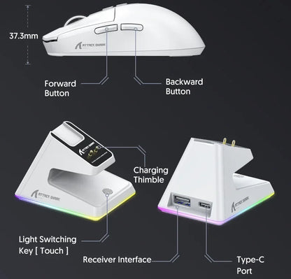 Attack Shark X6 Wireless Ergonomic Gaming Mouse Adjustable DPI Wired 2.4G/Bluetooth High Precision Rechargeable Mice