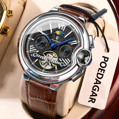 POEDAGAR herreur i luksuriøs og professionel stil med dato- og ugedagsvisning, tourbillon, rustfrit stålhus, mekanisk automatisk urværk og vandtæthed.