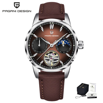 PAGANI DESIGN – Montre mécanique de luxe pour homme, 41 mm, verre saphir, bracelet en cuir, étanche, style pilote, avec tourbillon et phase de lune