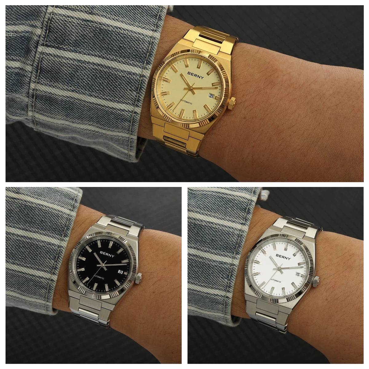 Orologio automatico da uomo BERNY, dorato, vetro zaffiro, lancette luminescenti, originale al 100%, dotato di movimento PT5000, rivestimento antiriflesso, modello di lusso con lunetta intercambiabile, impermeabile fino a 5 ATM.