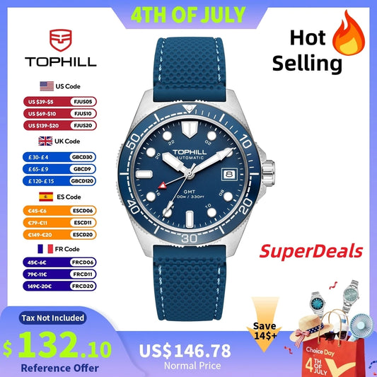 Tophill 39.5mm Automatic NH34 GMT Watch Swim 3H Date Window Mechanical C3 Green Lume 100M Waterproof Sapphire Crystal TD011G