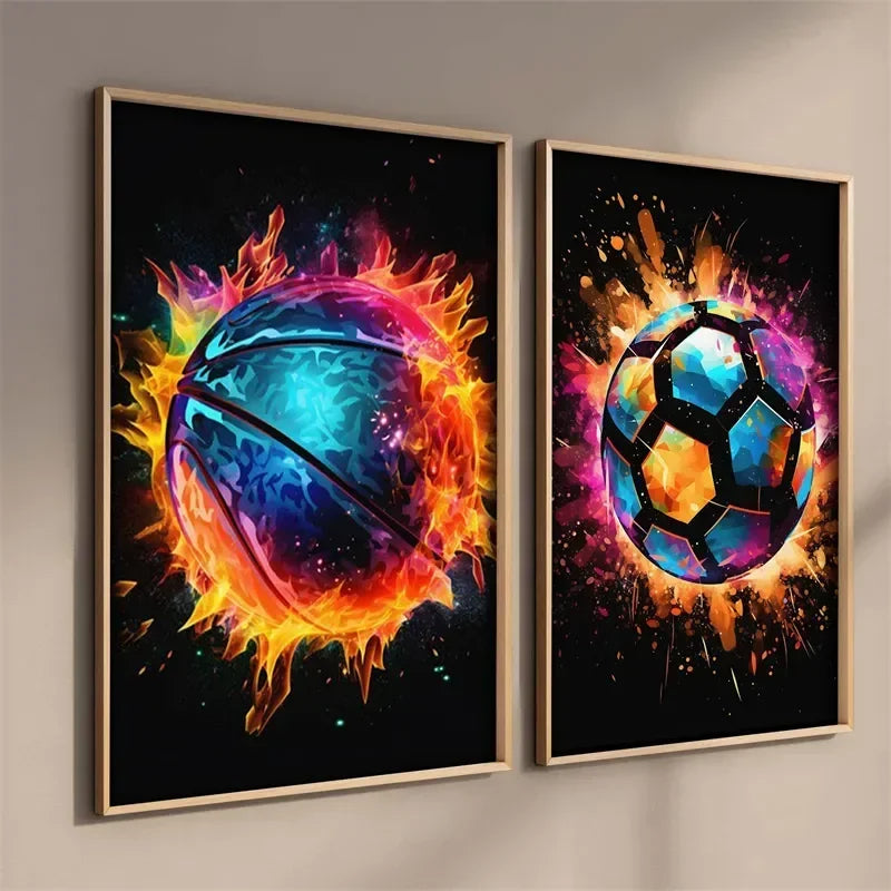Pop-Neon-Poster mit Videospiel-Charakter, Gamepad, Kopfhörern, Fußball und Basketball – Leinwanddruck, Wandkunst-Dekor für das Gaming-Zimmer