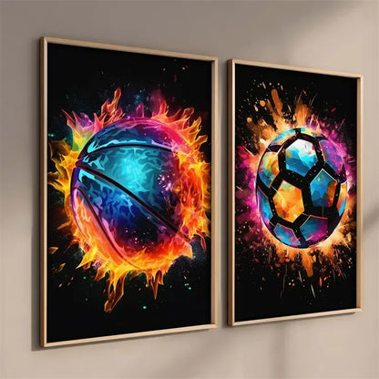 Pop-Neon-Poster mit Videospiel-Charakter, Gamepad, Kopfhörern, Fußball und Basketball – Leinwanddruck, Wandkunst-Dekor für das Gaming-Zimmer
