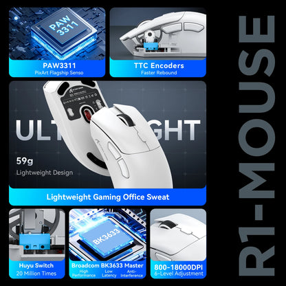 Attack Shark R1 Tri-Mode 2.4g-BT-Wired, PAW3311 18000DPI, 59g  Lightweight Gaming Mouse
