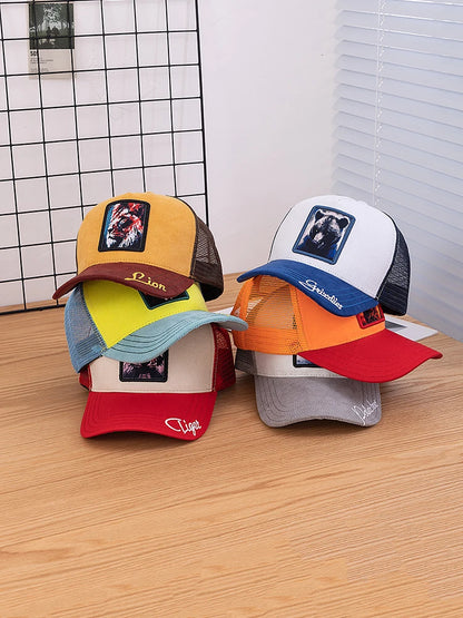 Hot Sale Unisex Mesh Cap Lion Pattern Patch Design Suede Hat Women And Men Summer Animal Baseball Cap Fashion Trucker Hat