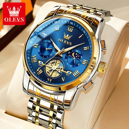Relógio de homem OLEVS 2859 – Modelo clássico e luxuoso com algarismos romanos, multifunções, resistente à água, mostrador luminescente, movimento de quartzo de alta qualidade.