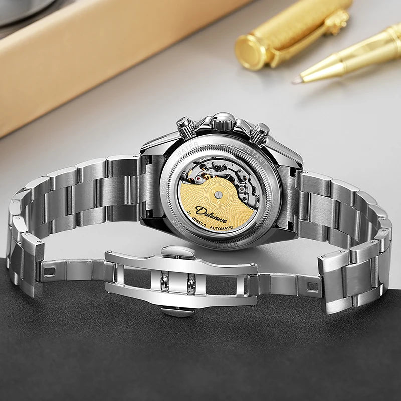 Diamond Bezel Stainless Steel Automatic Watch Fashion Mulitfunction Waterproof Luminous Mechanical Watches for Men