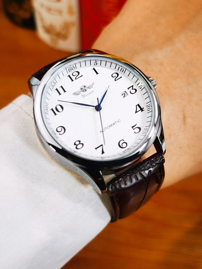 WINNER herreur – Klassisk, retro og elegant stil – Mekanisk automatisk ur med kalender – Luksusmærke, stålurkasse og læderrem
