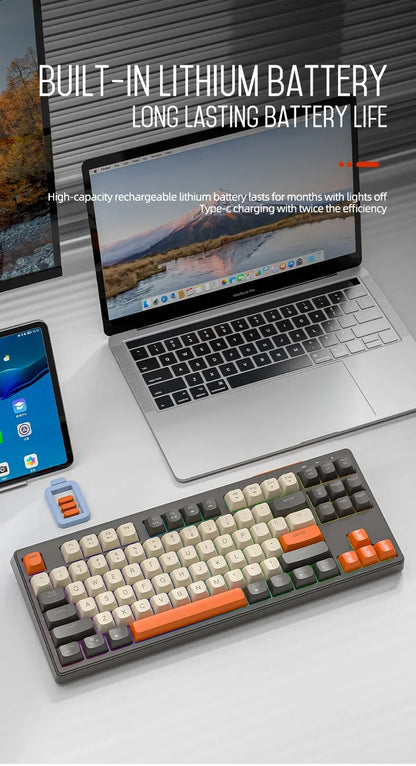 Teclado M87 inalámbrico Bluetooth de doble modo, sensación mecánica, gaming y oficina, silencioso, teclas esféricas PBT, luz arcoíris