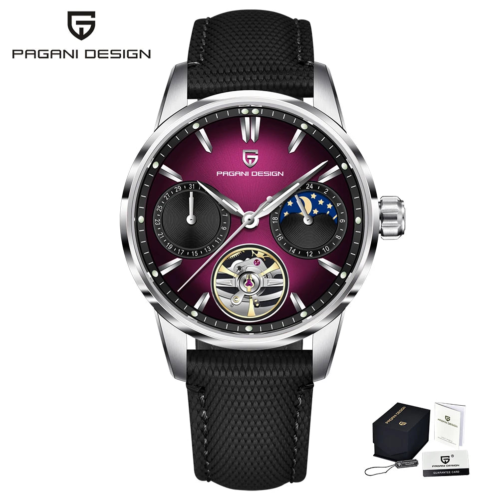 PAGANI DESIGN – Montre mécanique de luxe pour homme, 41 mm, verre saphir, bracelet en cuir, étanche, style pilote, avec tourbillon et phase de lune