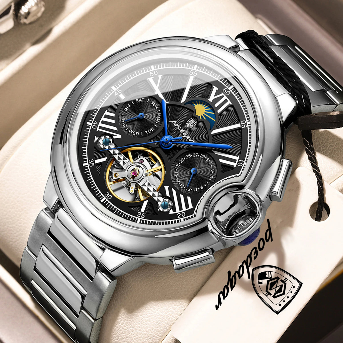 POEDAGAR luksusur til mænd – Mekanisk automatisk model med dato- og ugedagsvisning, læderrem, tourbillon, vandtæt, elegant og professionelt design.