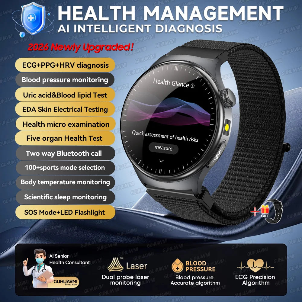 2026New AI-Diagnosis Care Smartwatch ECG+PPG Accurate Uric Acid Blood Pressure Body Fat Five organ Fitness Waterproof Smartwatch