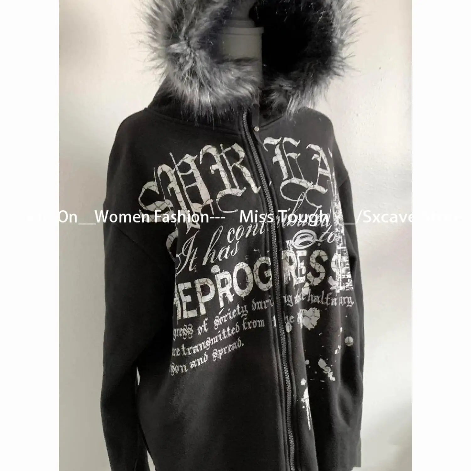 Produit gaming premium Fraquane, American Vintage Black Faux Fur Sweatshirts Women Letter Printed Subculture Coats with Hooded Female Gothic Harajuku Jackets Y2k