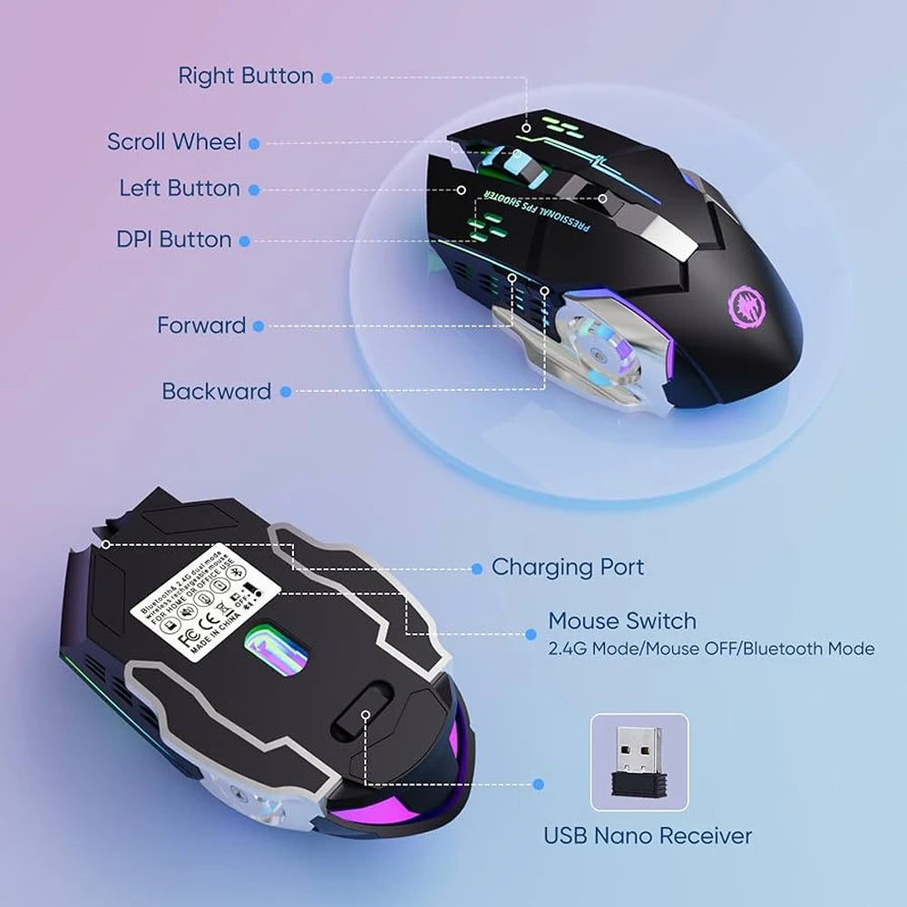 EMTRA Bluetooth Wireless Mouse 2.4G USB Mechanical Backlight Silent Mouse Rechargeable Gaming Mouse Laptop Computer Accessories