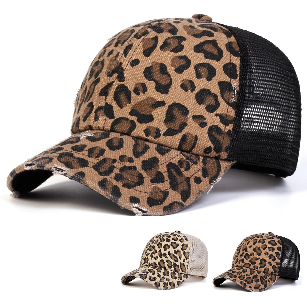 Unisexová kšiltovka s leopardím potiskem a vyšívanými otvory, baseballová síťovaná kšiltovka, jarní a podzimní outdoorová nastavitelná ležérní čepice, sluneční čepice, sportovní kšiltovka