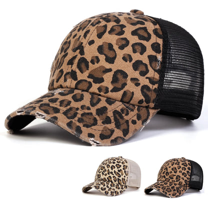 Unisexová kšiltovka s leopardím potiskem a vyšívanými otvory, baseballová síťovaná kšiltovka, jarní a podzimní outdoorová nastavitelná ležérní čepice, sluneční čepice, sportovní kšiltovka