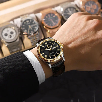 POEDAGAR herreur, originalt luksusmodel: vandtæt, selvlysende, med dato- og ugedagsvisning. Kvartsur i klassisk og professionel stil, udstyret med et læderarmbånd.