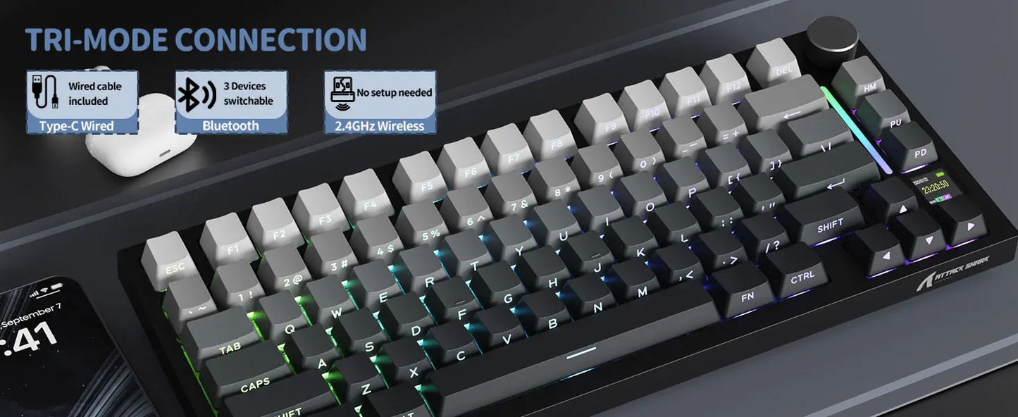 ATTACK SHARK X820 Ultra Wireless Mechanical Keyboard with TFT Smart Display & Knob, 75% Hot Swappable, BT/2.4G/Wired,Gift Switch