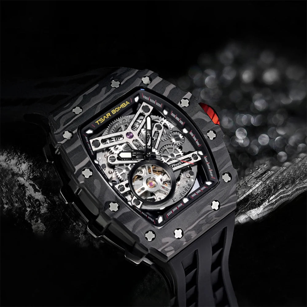 TSAR BOMBA Carbon Fiber Automatic Mechanical Watch for Men Waterproof Skeleton Mens Watches Top Brand Luxury Wristwatches