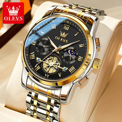 Relógio de homem OLEVS 2859 – Modelo clássico e luxuoso com algarismos romanos, multifunções, resistente à água, mostrador luminescente, movimento de quartzo de alta qualidade.