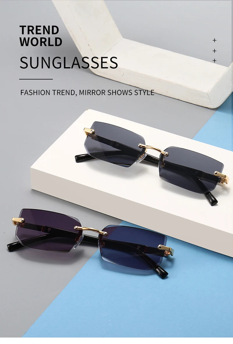 Mode Rimless Solglasögon Män Kvinnor Populära Ramlösa Solglasögon Man Kvinna Klassiska Små Fyrkantiga Sommar Resesolglasögon