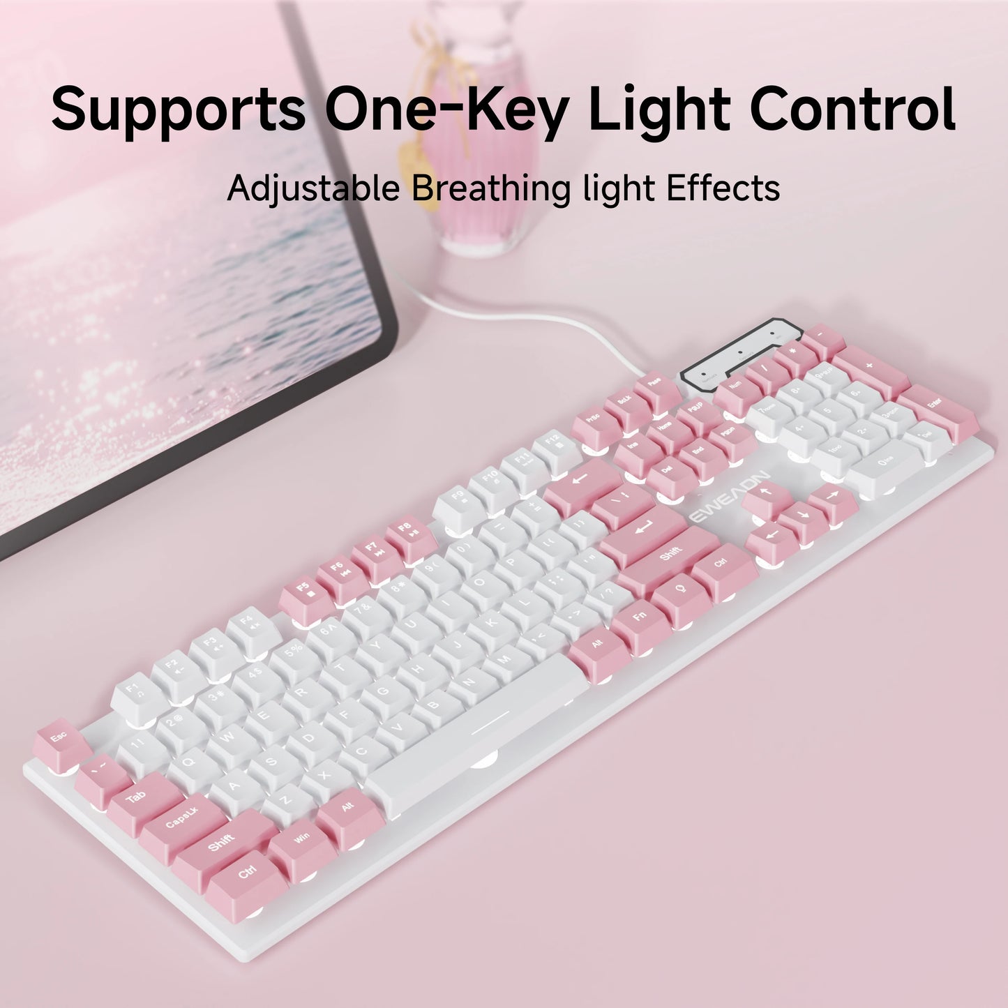 EWEADN Wired Pink White Keyboard, Full-Size Numpad, Quiet Keys, RGB Backlit Cute Design for Laptop/PC, Ideal for Work & Gaming