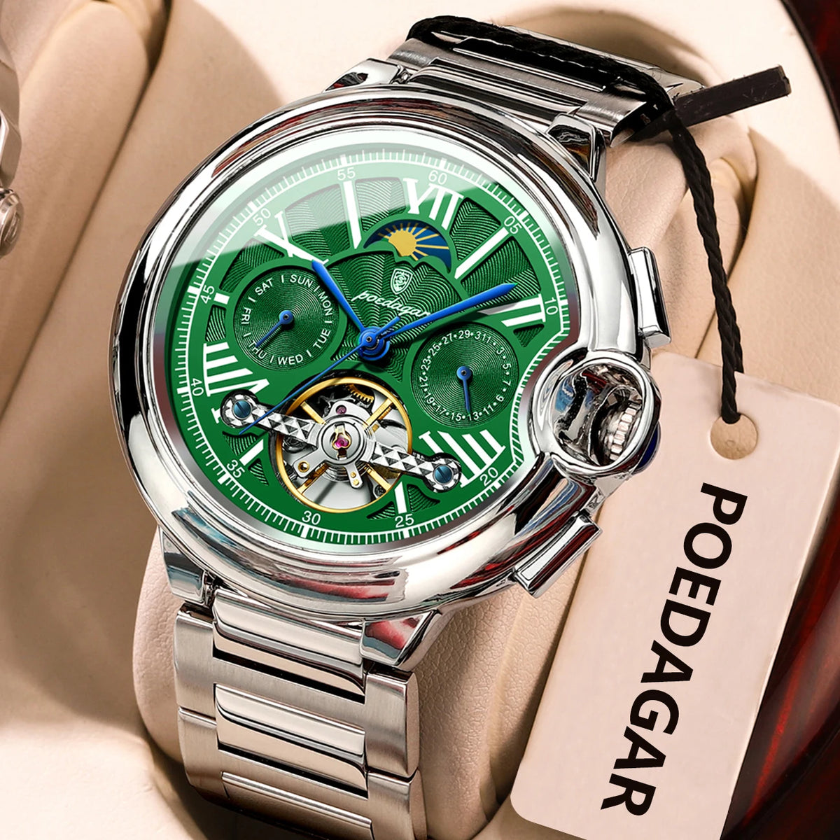 POEDAGAR herreur i luksuriøs og professionel stil med dato- og ugedagsvisning, tourbillon, rustfrit stålhus, mekanisk automatisk urværk og vandtæthed.