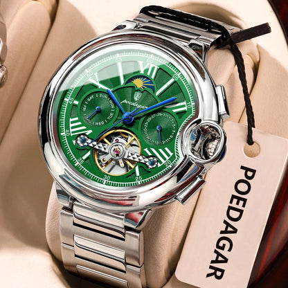 POEDAGAR herreur i luksuriøs og professionel stil med dato- og ugedagsvisning, tourbillon, rustfrit stålhus, mekanisk automatisk urværk og vandtæthed.
