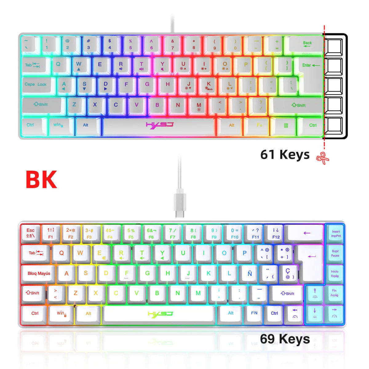RGB backlit keyboard Russian 69 keys white membrane gaming wired ergonomic Keyboards for compact mini for pc laptop color black