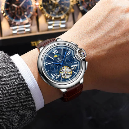 POEDAGAR luksusur til mænd – Mekanisk automatisk model med dato- og ugedagsvisning, læderrem, tourbillon, vandtæt, elegant og professionelt design.