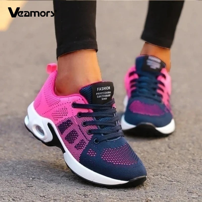 Fashion Women's Lightweight Sneakers Running Outdoor Sports Breathable Mesh Comfortable Air Cushion Lace-Up Shoes