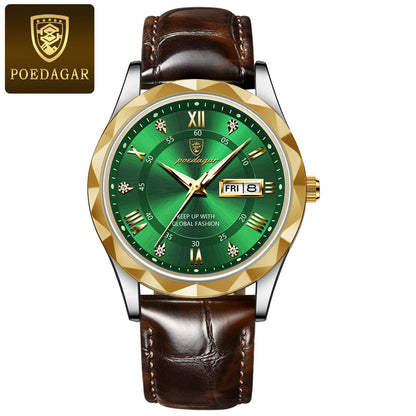 POEDAGAR herreur, originalt luksusmodel: vandtæt, selvlysende, med dato- og ugedagsvisning. Kvartsur i klassisk og professionel stil, udstyret med et læderarmbånd.