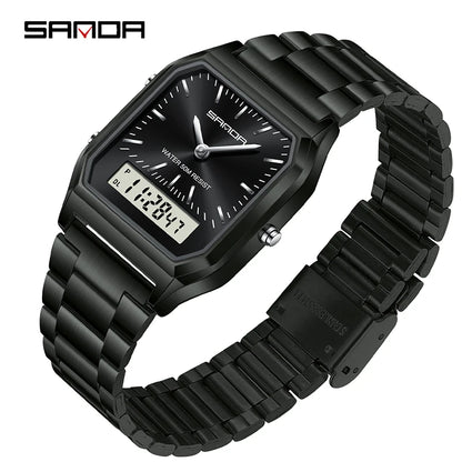 SANDA 747 Luxury Mens G Style Watches Stainless Steel Women LED Digital Dual Display Clock Unisex Waterproof Sports Quartz Watch