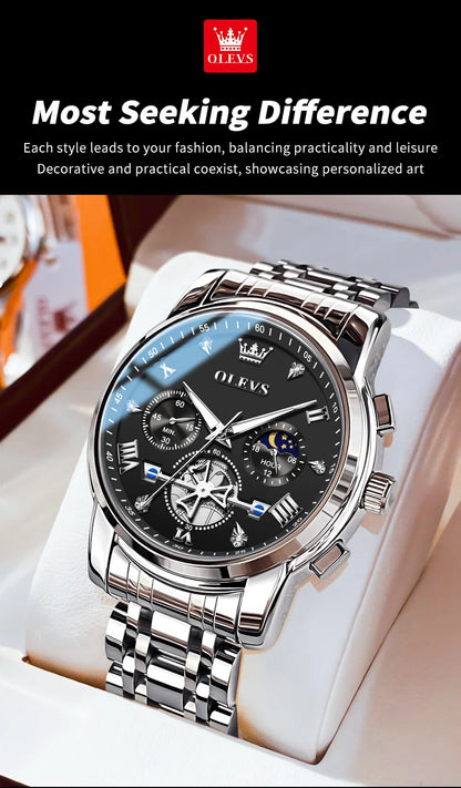 OLEVS Men's Watches Classic Multifunctional Flywheel Chronograph Original Quartz Wristwatch Moon Phase 24 Hour Waterproof Watch