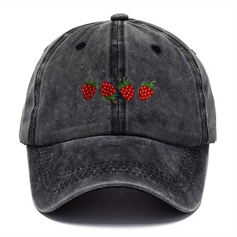 Cappellino da baseball con stampa a fragole e visiera regolabile, cappellino alla moda con visiera a becco d’anatra per uomo e donna, design con parte superiore morbida