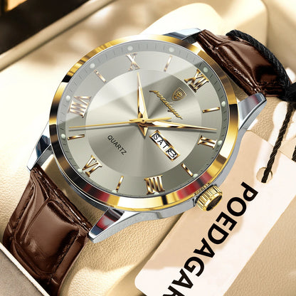 Relógio de homem na moda POEDAGAR, bracelete em pele, data e dia da semana, relógio de quartzo de luxo, estanque, luminoso, estilo business descontraído.