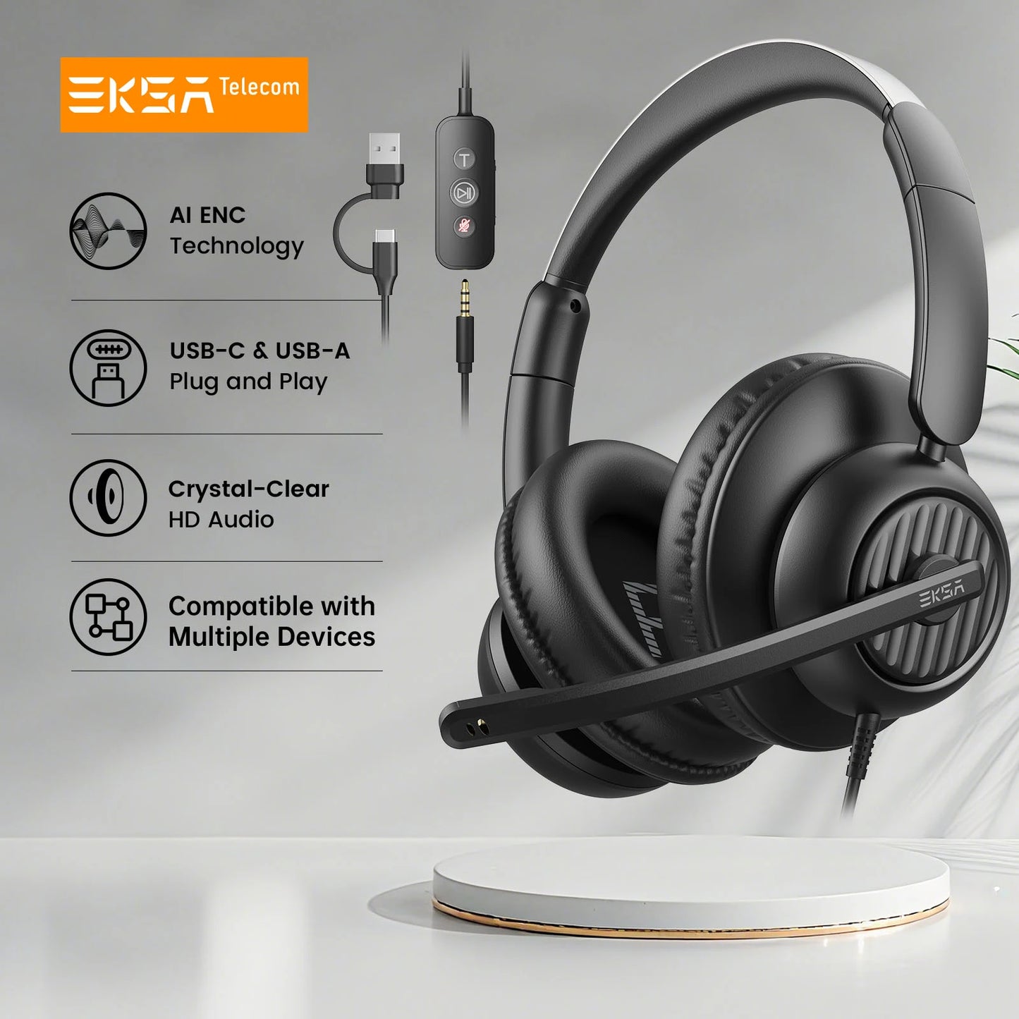 EKSA H8 Office Headset with Noise Cancelling Microphone USB/Type C/3.5mm Wired ENC Headphones for PC/Phone Mute/Teams Button