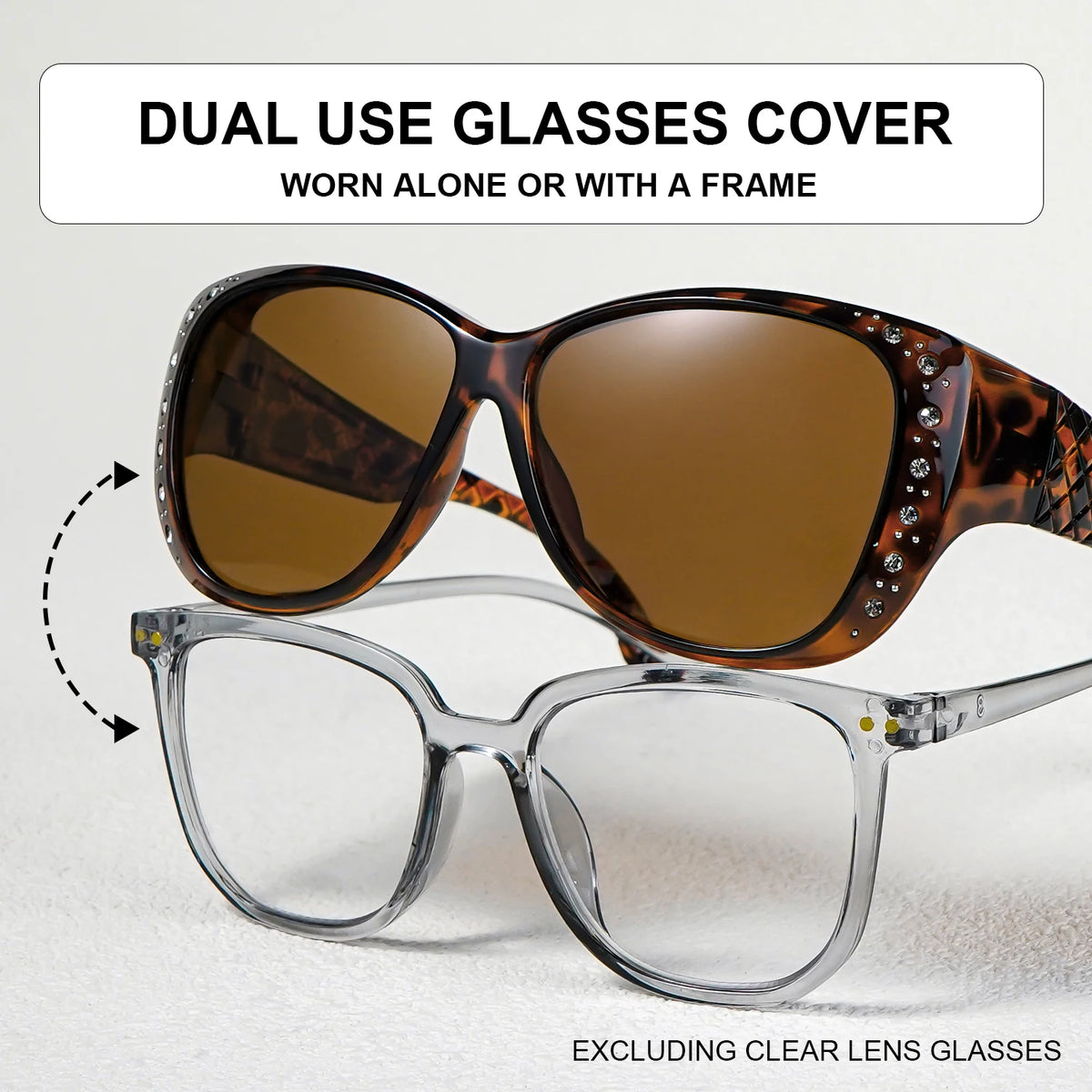 Sunglasögon med strass som passar över vanliga glasögon – Modesolglasögon som passar över – Glittrande, överdimensionerade, leopardmönstrade, fyrkantiga glasögon