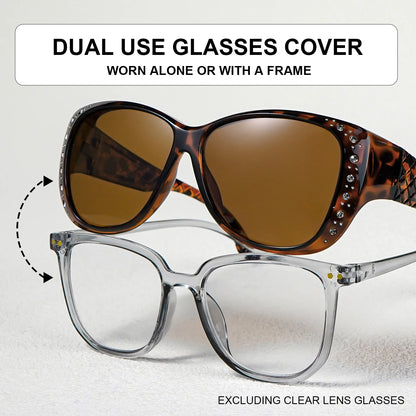 Sunglasögon med strass som passar över vanliga glasögon – Modesolglasögon som passar över – Glittrande, överdimensionerade, leopardmönstrade, fyrkantiga glasögon