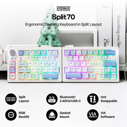 EPOMAKER Split70 QMK/VIA 70% Split Layout Hot-Swap Wired/BT/2.4Ghz Wireless Mechanical Gaming Keyboard with Programmable Knob