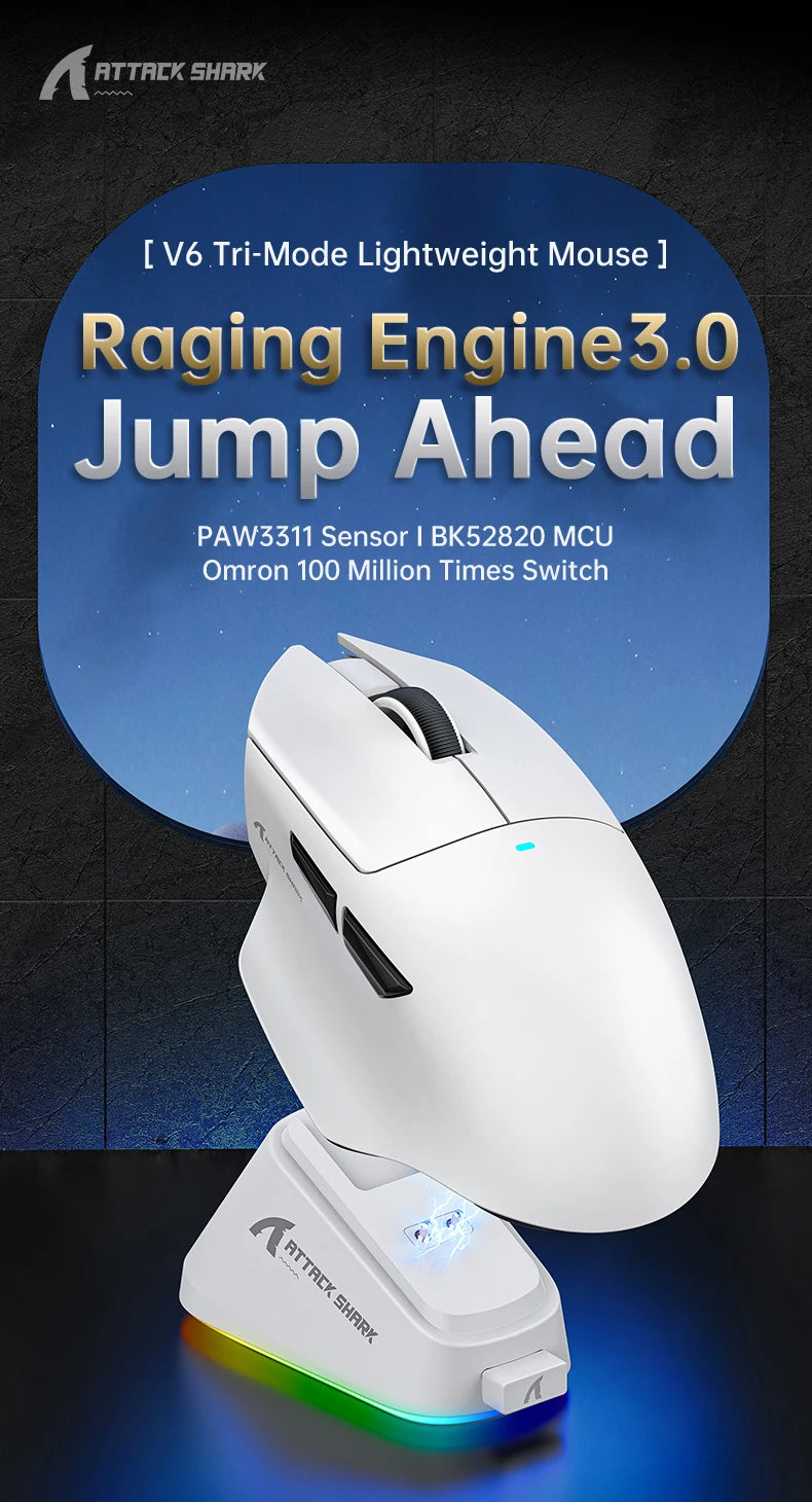 ATTACK SHARK V6  Wireless Gaming Superlight Mouse with RGB Magnetic Charging Dock,PAW3311 Sensor,Macro Gaming Mouse