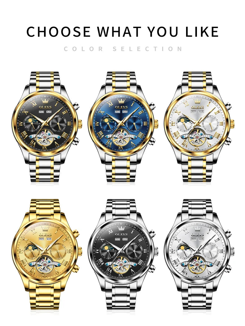 OLEVS 7005 Classic Business Mechanical Wristwatch for Men Skeleton Flywheel 24 Hour Moon Phase Calendar Luxury Men's Watch