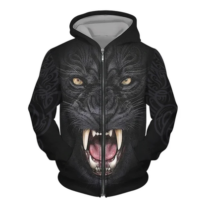 3D Wolf Print Men Zipper Hoodies Fashion Animal Pattern Top Coat Street Punk Style Oversized Sweatshirts Outdoor Leisure Jackets