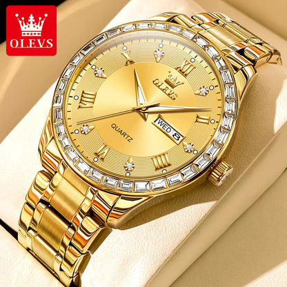 OLEVS 9906 kvartsur til mænd, firkantet model med diamanter, armbånd i rustfrit stål, vandtæt, med dobbelt kalender; et originalt luksusarmbåndsur, der er ideelt til erhvervslivet.