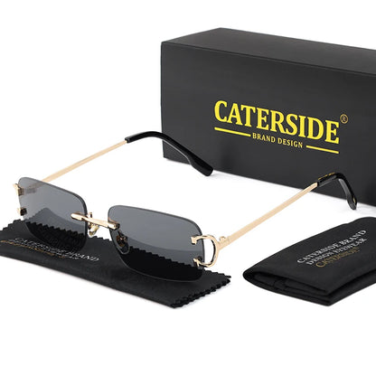 CATERSIDE Blå rektangulära solglasögon för män Ramlösa metallglasögon i fyrkantig design för kvinnor Gradientlinser Utomhusglasögon UV400