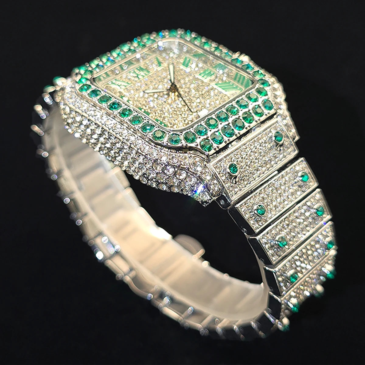 Gold Watch For Men Hip Hop Luxury Green Diamond Quartz Watches Fashion Iced Jewelry Clock Dropshipping